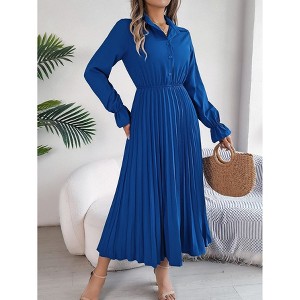 Coolmee Women Long Sleeve V Neck Dress Casual Button Down Flowy Midi Dresses High Waist - 1 of 4