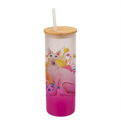 100 North 25 Ounce Frosted Glass Gradient Travel Tumbler With Straw & Wooden Lid, Sphynx Cat Paint Splatter Pink
