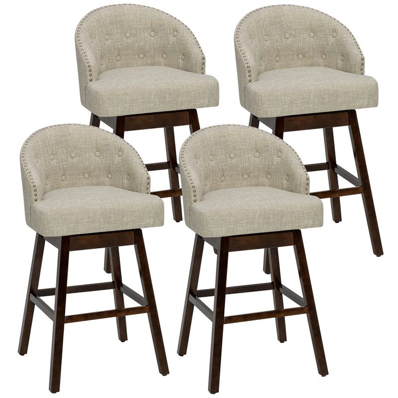 Tangkula Set of 4 Swivel Bar Stools Tufted Bar Height Pub Chairs w/ Rubber Wood Legs, 1 of 10