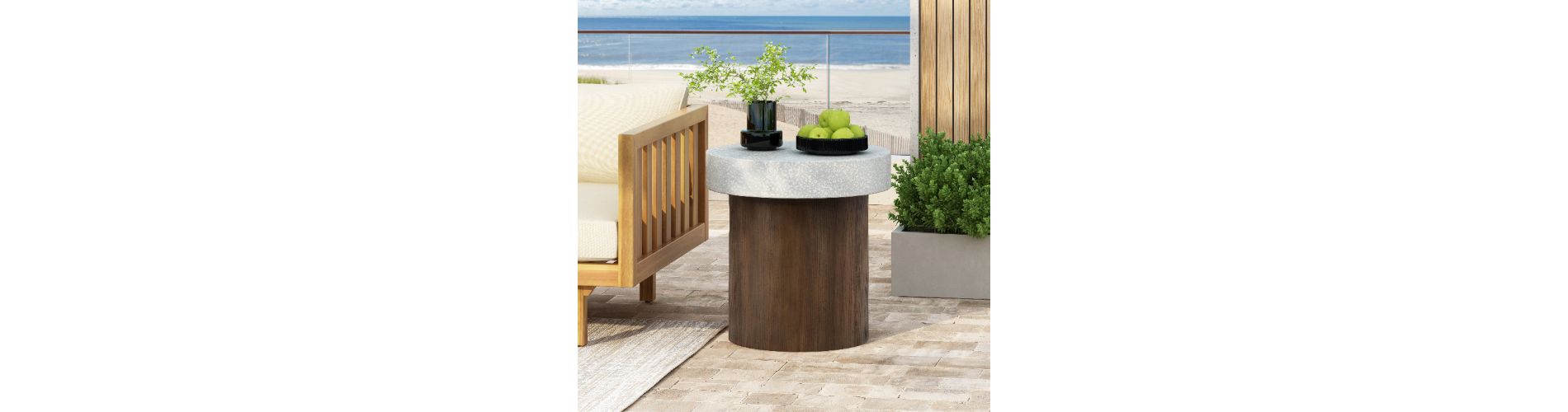 Lyngins Cylindrical Outdoor End Table, MGO Side Table with Faux Stone Top + Faux Wood Base, Patio End Table for Garden/Balcony, Outdoor Side Table