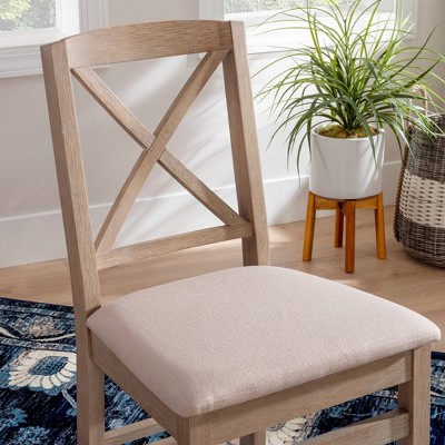 Graywash Linen Upholstered Cross Back Wooden Side Chair Set