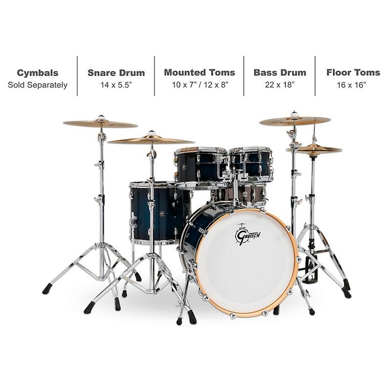 Gretsch Drums Renown 5-Piece Shell Pack With 22" Bass Drum and Black Nickel Over Steel Snare Drum Gloss Antique Blue Burst, 2 of 3