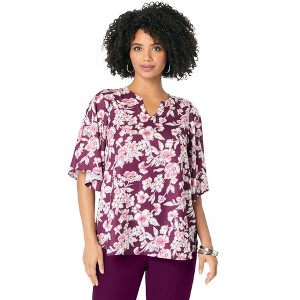 Roaman's Women's Plus Size Notch-Neck Flutter-Sleeve Blouse - 1 of 4