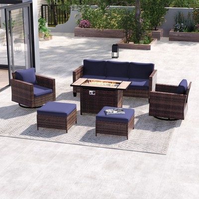 Sonkuki 6-Piece Patio Sofa with Rectangle Fire Pit Table and Swivel Rocking Chairs, Patio Conversation Couch with Cushion
