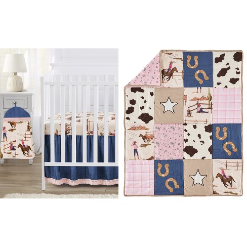 Pink lota and blue crib bedding