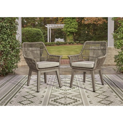 Beige Wicker Outdoor Arm Chairs with Cushions, Set of 2