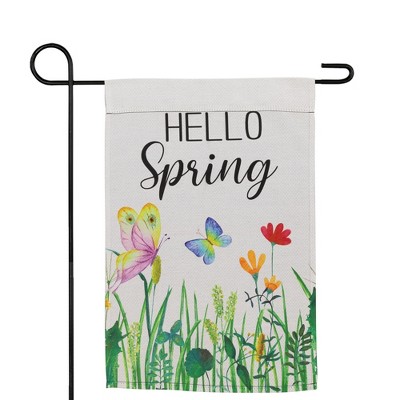 White Polyester Spring Garden Flag with Butterflies and Flowers