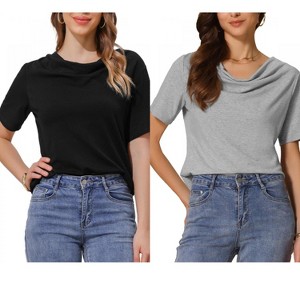 INSPIRE CHIC Women's Cowl Neck Short Sleeve Casual Stretchy Shirts 2 Packs - 1 of 4