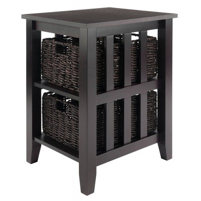 Traditional Espresso Square Wood Side Table with Storage Baskets