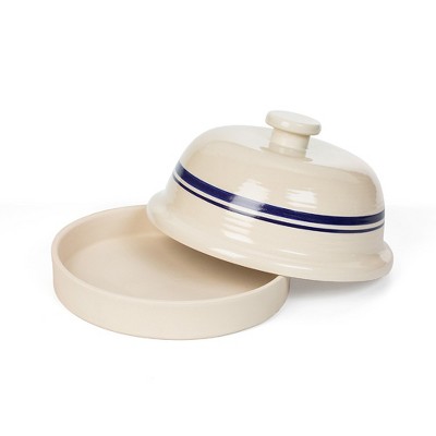 Beige and Blue Stoneware Dome Bread Baking Pan with Lid