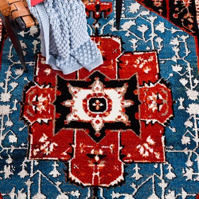 Red and Blue Rectangular Synthetic Persian Area Rug
