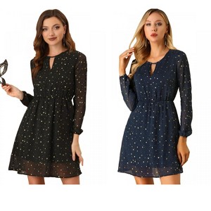 Allegra K Women's Choker V Neck Vintage Flared Gilding Metallic Shiny Star A-Line Dress 2 Packs - 1 of 4