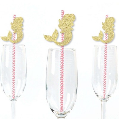 Big Dot of Happiness Gold Glitter Mermaid Party Straws - No-Mess Real Gold Glitter Cut-Outs & Baby Shower or Birthday Party Paper Straws - Set of 24