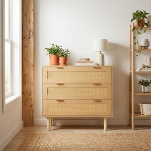 JVNOXK 3-Drawer Rattan Dresser with Wooden Legs & Metal Handles, Modern  Boho Storage Chest for Bedroom, Living Room & Hallway