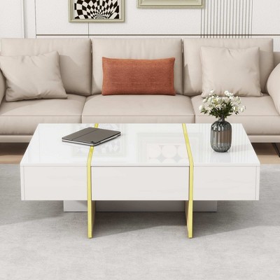 Lirago 47" Rectangular Coffee Table Modern High Gloss with 2 Drawers Golden Wood Legs Multi Storage for Living Room Office