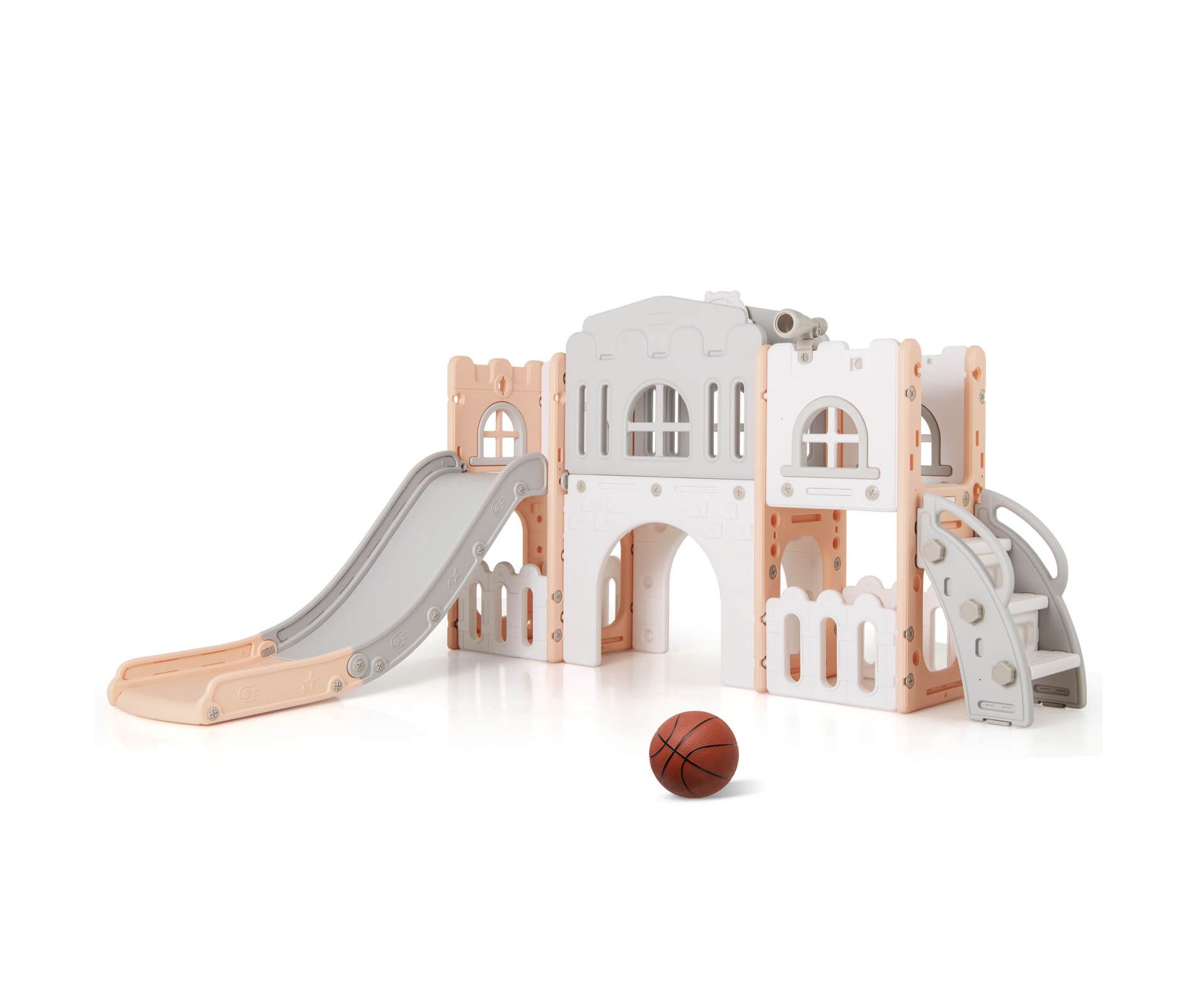 Costway All in 1 Toddle Slide Playset Freestanding Kids Slide with Tunnel, Basketball Hoop Pink+Gray