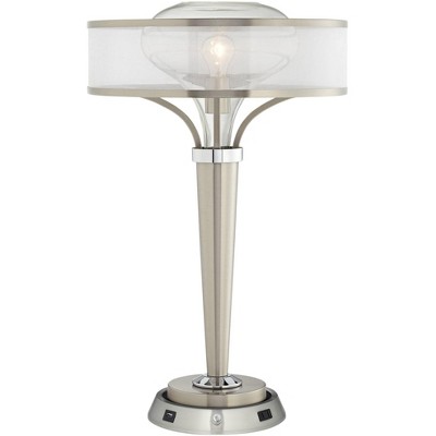 Possini Euro Design Modern Table Lamp with USB and AC Power Outlet Workstation 28.25" Tall Charging Base Brushed Nickel Mesh Shade Living Room