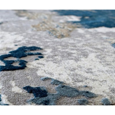 Sapphire Blue and Ivory Abstract Polyester Runner Rug