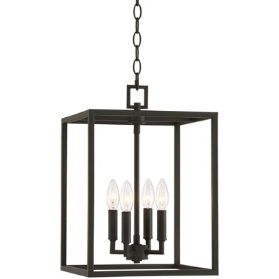 Franklin Iron Works Bronze Mini Foyer Pendant Chandelier 12" Wide Rustic Farmhouse Open Cube 4-Light Fixture for Kitchen Entryway