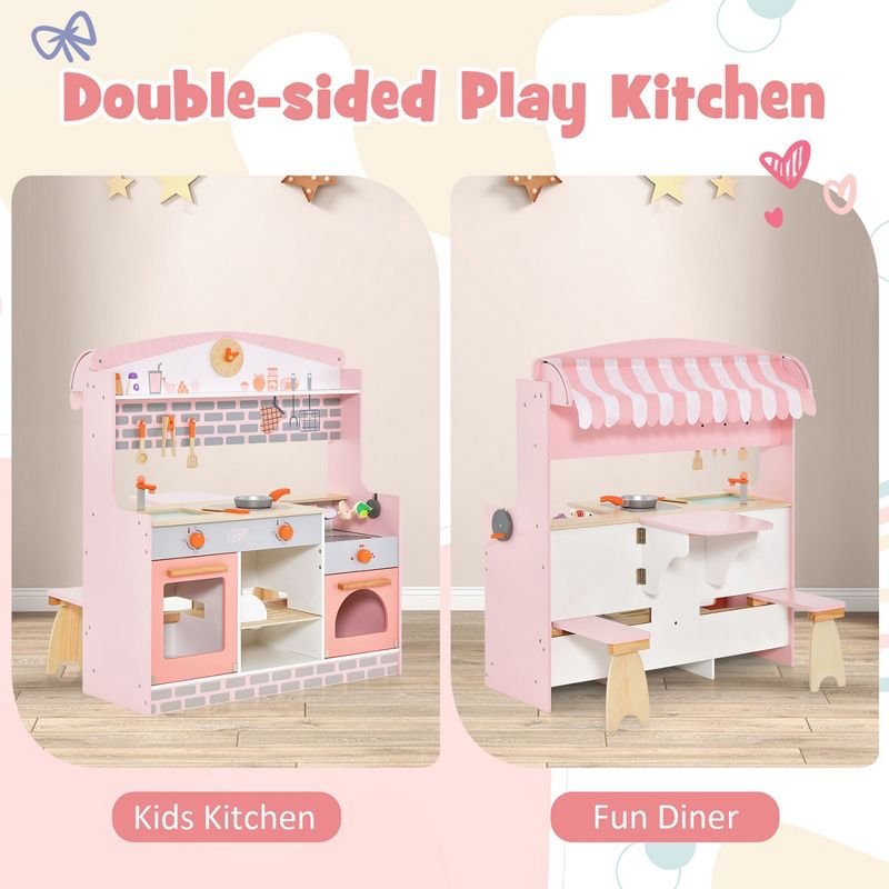 Costway 2 in 1 Kids Play Kitchen & Restaurant Double-Sided Pretend Playset with Canopy, 5 of 11