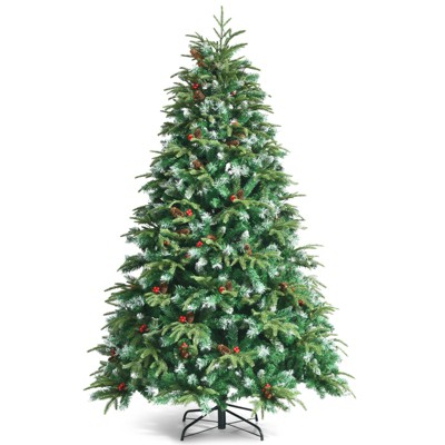 Tangkula Hinged Life-Like Christmas Tree W/ LED Lights Pre-Lit Artificial Xmas Tree W/ PE & PVC Leaves