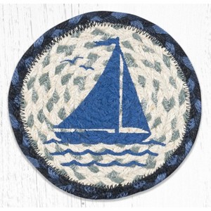 Earth Rugs Large Round Coaster – Sailboat Design in Braided Jute, 7"x7" Coastal Nautical Table Accent - 1 of 3
