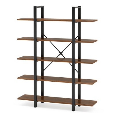 Lirago Brown 5 Tier Bookshelf 47.2x11.0x72 Engineered Wood Steel Frame Open Storage Rack
