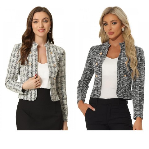 INSPIRE CHIC Women's Tweed Stand Collar Business Open Front Cropped Jacket 2 Packs White/Black Medium