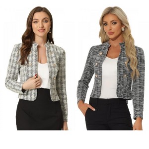 INSPIRE CHIC Women's Tweed Stand Collar Business Open Front Cropped Jacket 2 Packs - 1 of 4