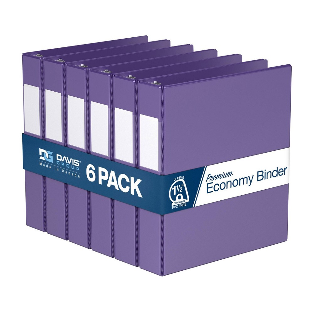 Davis Group 6pk 1.5" Premium Economy Angled D-Ring Binder Purple: XL Hard Cover, 350 Sheet Capacity, 2 Pockets