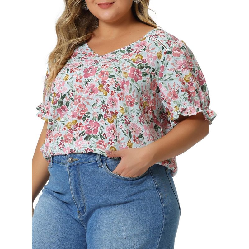 Agnes Orinda Women's Plus Size V Neck Ruffle Sleeve Floral Summer Casual Blouses, 2 of 6
