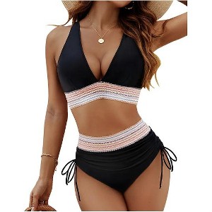 Wikineon Women's High Waisted Bikini Sets Two Piece Tummy Control Swimsuit Color Block Bathing Suits - 1 of 4