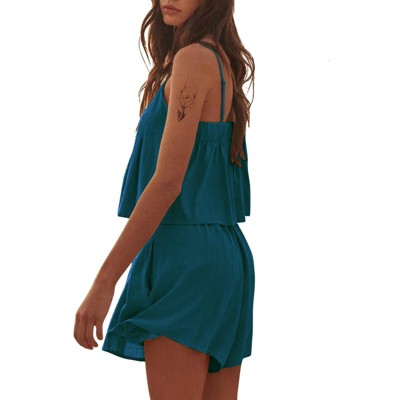 EXLURA Womens Summer Romper Dress 2025 V Neck Spaghetti Strap Pleated Shorts Jumpsuit Beach Vacation Outfits with Pockets