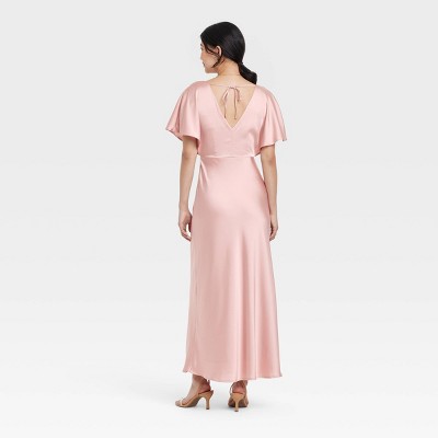 Женские платья A New Day Women's Satin Flutter Short Sleeve Maxi A-Line Dress - A New Day™ Tan M: Deep V Neck, Back Tie, Woven Fabric — фото 2