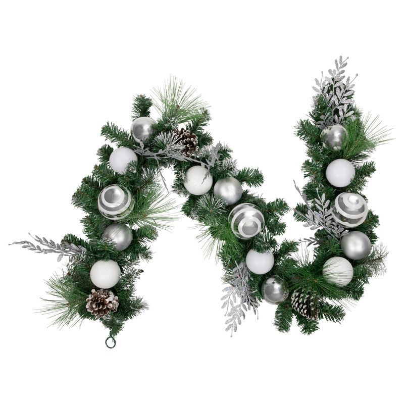 Northlight 6' Green Pine Needle Garland with Pinecones and Striped Christmas Ornaments, Unlit, 1 of 7