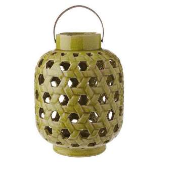 Raz Imports 12.5" Tea Garden Caladium Leaf Green Glazed Terracotta Crackled Decorative Pillar Candle Lantern