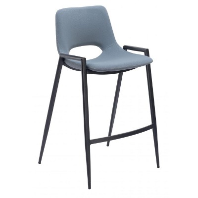 Faux Leather Counter Stool 35.6" H, Azure Gray with Black Powder Coated Steel Frame and Armrests by Zuo Modern (Set of 2)