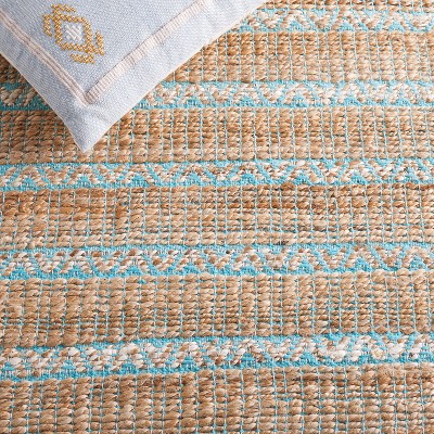 Teal and Natural Handwoven Cotton Jute Runner Rug