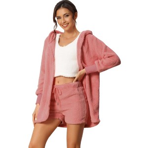 cheibear Women's Fuzzy Fleece Soft Coat Jacket and Crop Top with Shorts 3-Piece Pajamas Lounge Set - 1 of 4