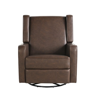 Brown Faux Leather Swivel Recliner with Wood Frame
