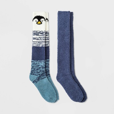 Women's Penguin 2pk Cozy Knee High Socks - Blue 4-10