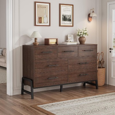 52" Wide 7-Drawer Dresser for Bedroom - Natural Oak Storage Chest w/Robot Vacuum Space, Freestanding Closet Organizer