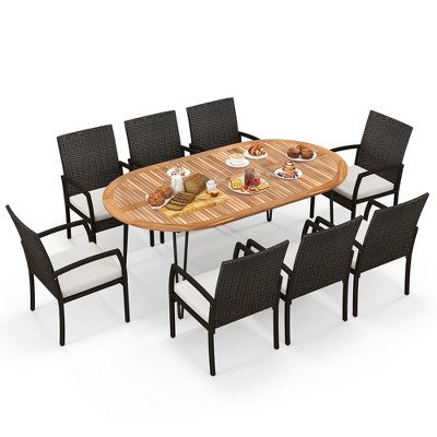 Tangkula 9 PCS Patio Rattan Dining Set Acacia Wood Table & 8 Patio Wicker Armchairs Mix Brown