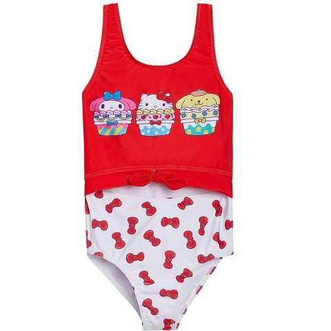 Hello Kitty Little Girls' Cutout Back One Piece Swimsuit with Allover Print Red White Bows 7-8
