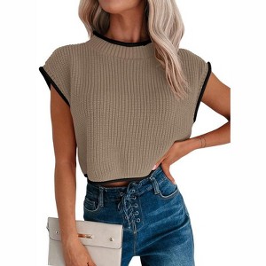 Coolmee Women's Cap Sleeve Crop Tops Summer High Neck Contrast Color Sweater Vest Ribbed Knit Sleeveless Tank Top - 1 of 4