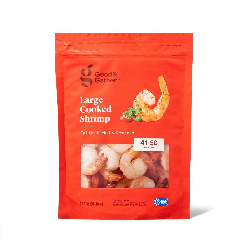 Large Tail On Peeled &#38; Deveined Cooked Shrimp - Frozen - 41-50ct per lb/16oz - Good &#38; Gather&#8482;, 1 of 8