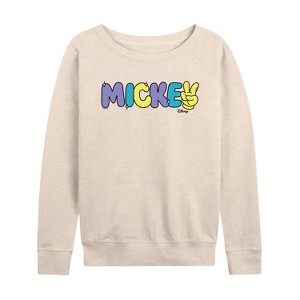 Women's - Disney - Mickey Multicolor Hand Peace Sign Lightweight French Terry Wide Neck Long Sleeve Shirt - 1 of 4