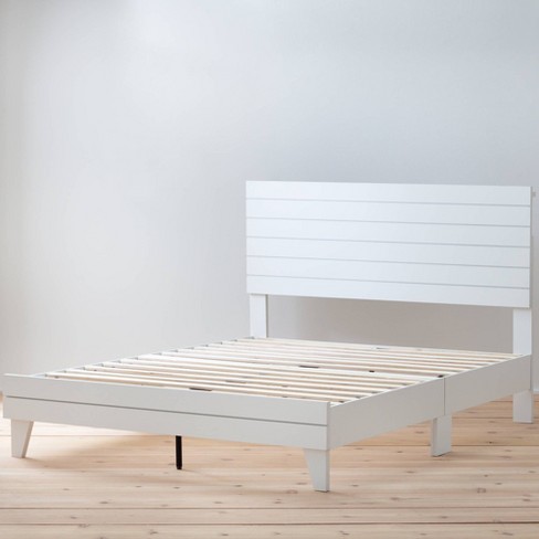 Full Size Wood White Bed Frame Wooden Slat Platform with Headboard 77.5"X56.5" 