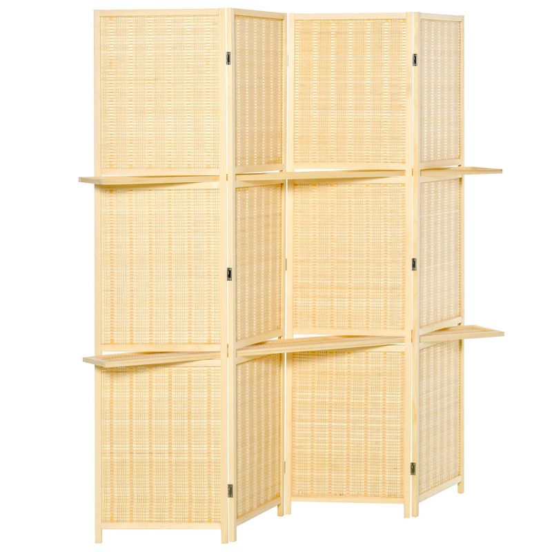 HOMCOM 4-Panel Bamboo Room Divider, 6 Ft Folding Privacy Screen with 2 Display Shelves for Bedroom and Office, Natural, 4 of 7
