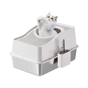 Fully Enclosed Stainless Steel Cat Litter Box with Hollowed, Elevated Lid and Sloped Design, Suitable for Cute Cats - 1 of 4